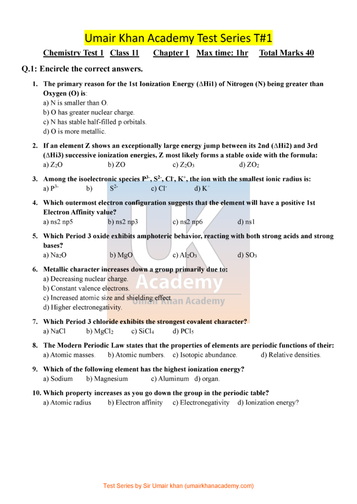 Class 11 Tests by Sir Umair Khan