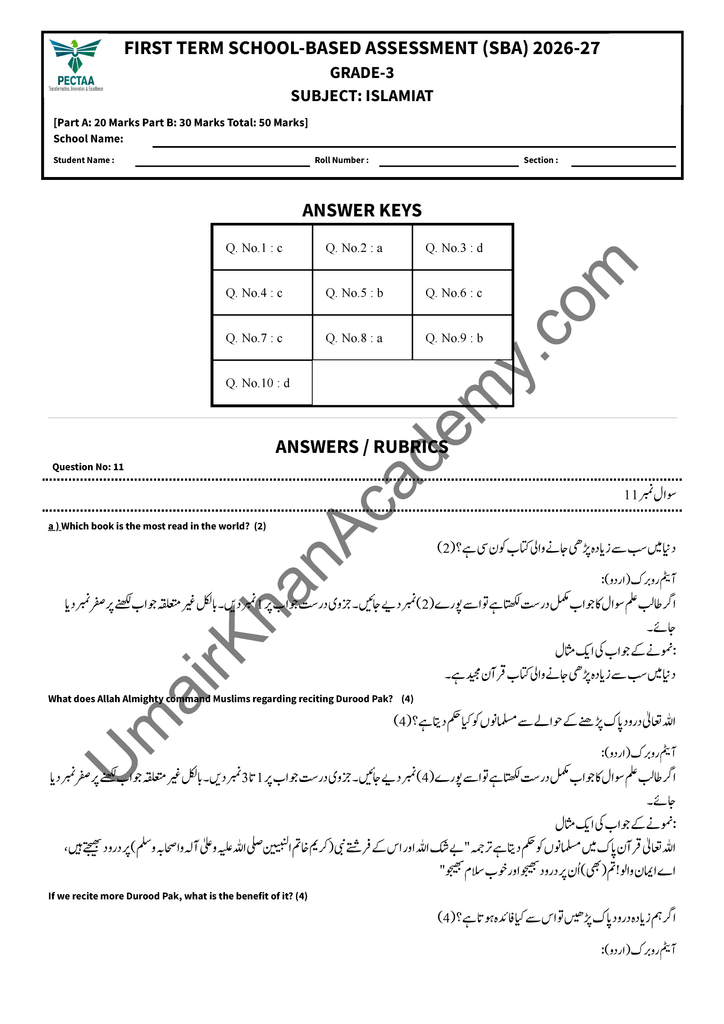First Term SBA exam for class 3 Islamiat
